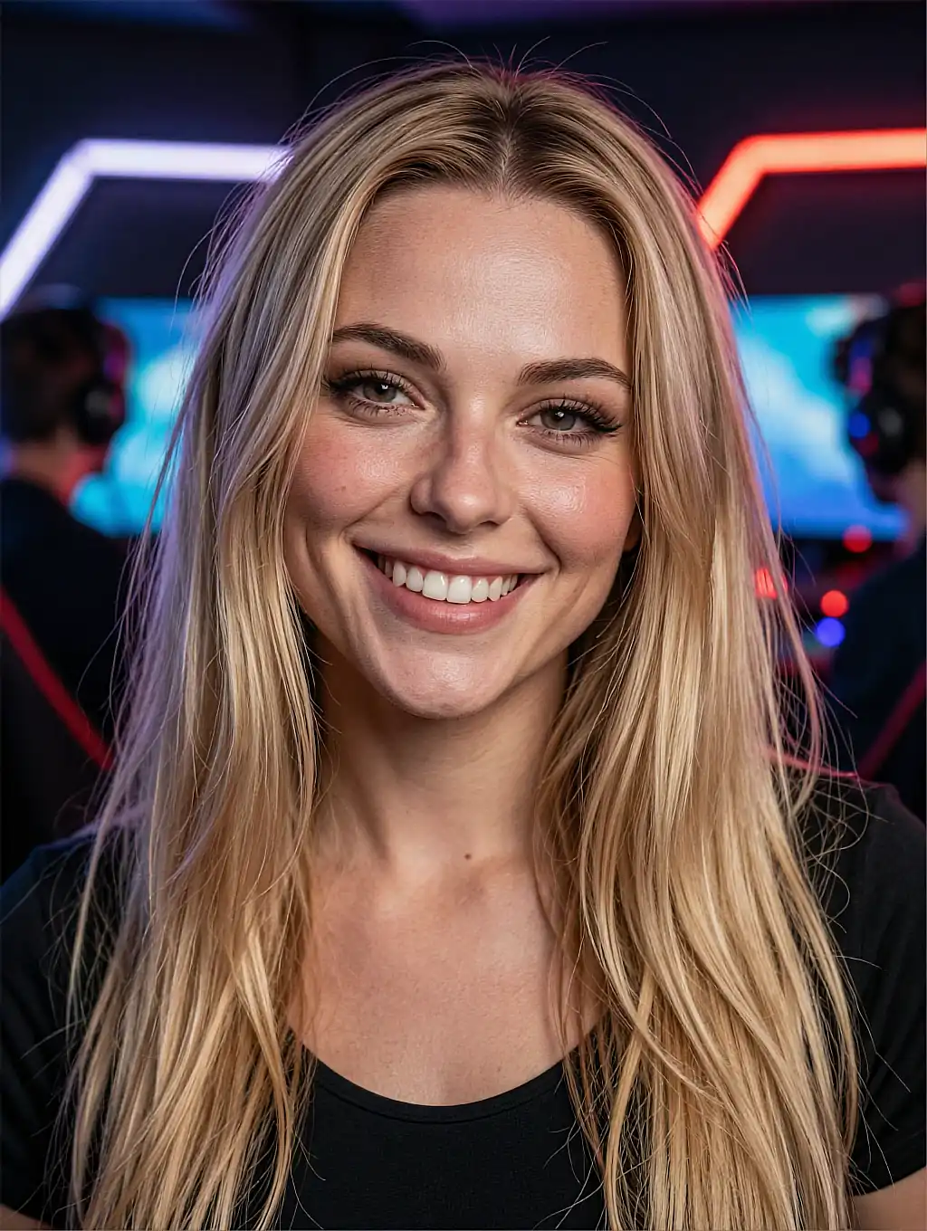 Nova, a blonde AI gf profile card smiling in a neon-lit esports room